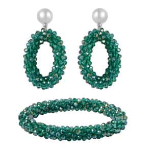 Forest Green Magic Color Glass Beaded Bracelet (7.0-7.50In) and Earrings in Silvertone
