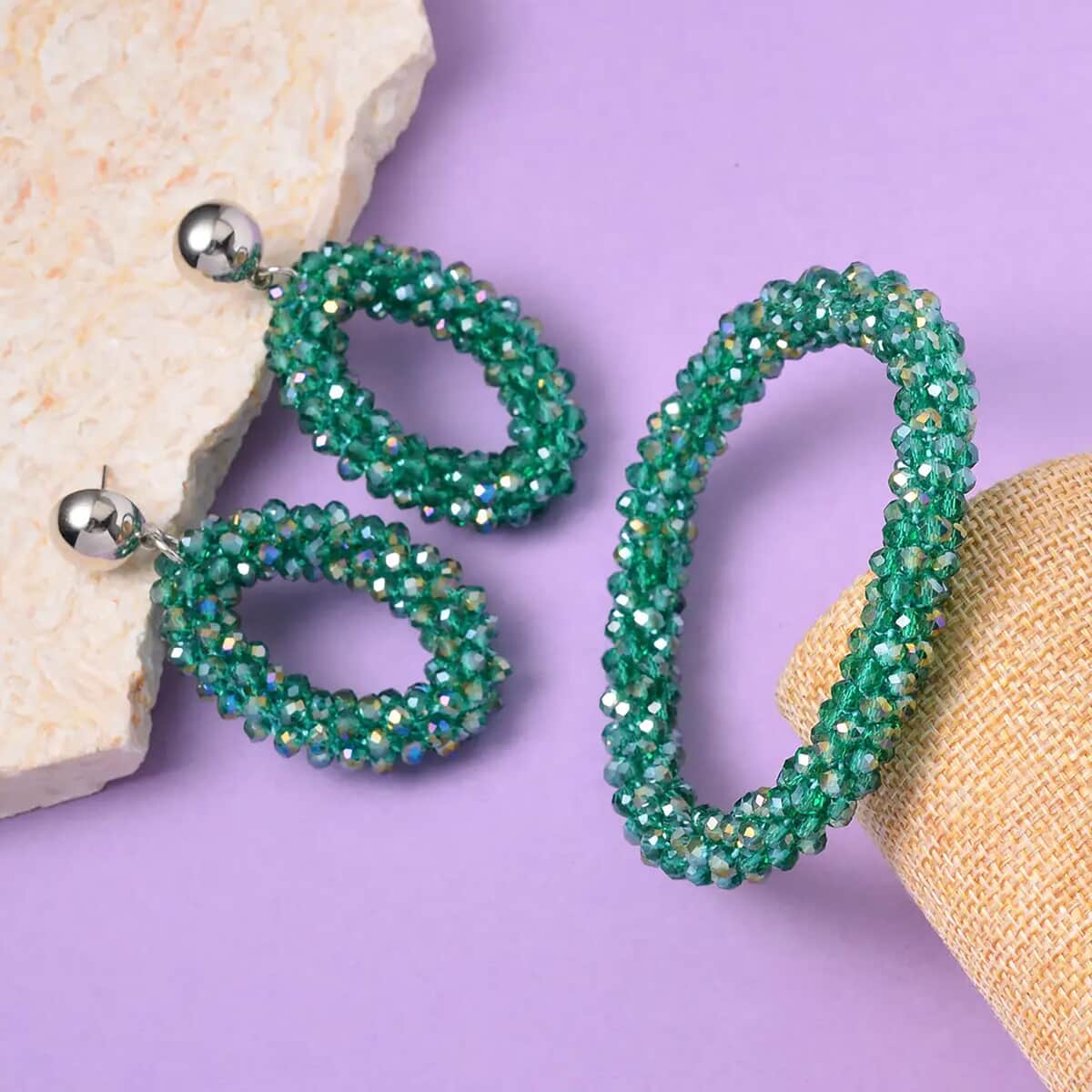 Forest Green Magic Color Glass Beaded Bracelet (7.0-7.50In) and Earrings in Silvertone image number 1