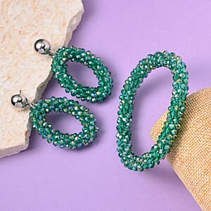 Forest Green Magic Color Glass Beaded Bracelet (7.0-7.50In) and Earrings in Silvertone