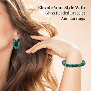 Forest Green Magic Color Glass Beaded Bracelet (7.0-7.50In) and Earrings in Silvertone