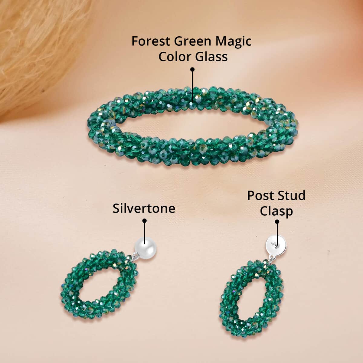Forest Green Magic Color Glass Beaded Bracelet (7.0-7.50In) and Earrings in Silvertone image number 4