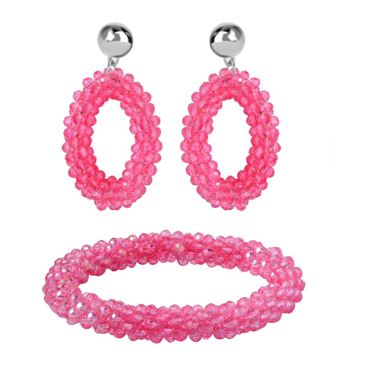 Peach Magic Color Glass Beaded Bracelet (7.0-7.50In) and Earrings in Silvertone image number 0