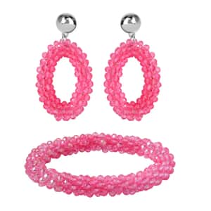 Peach Magic Color Glass Beaded Bracelet (7.0-7.50In) and Earrings in Silvertone
