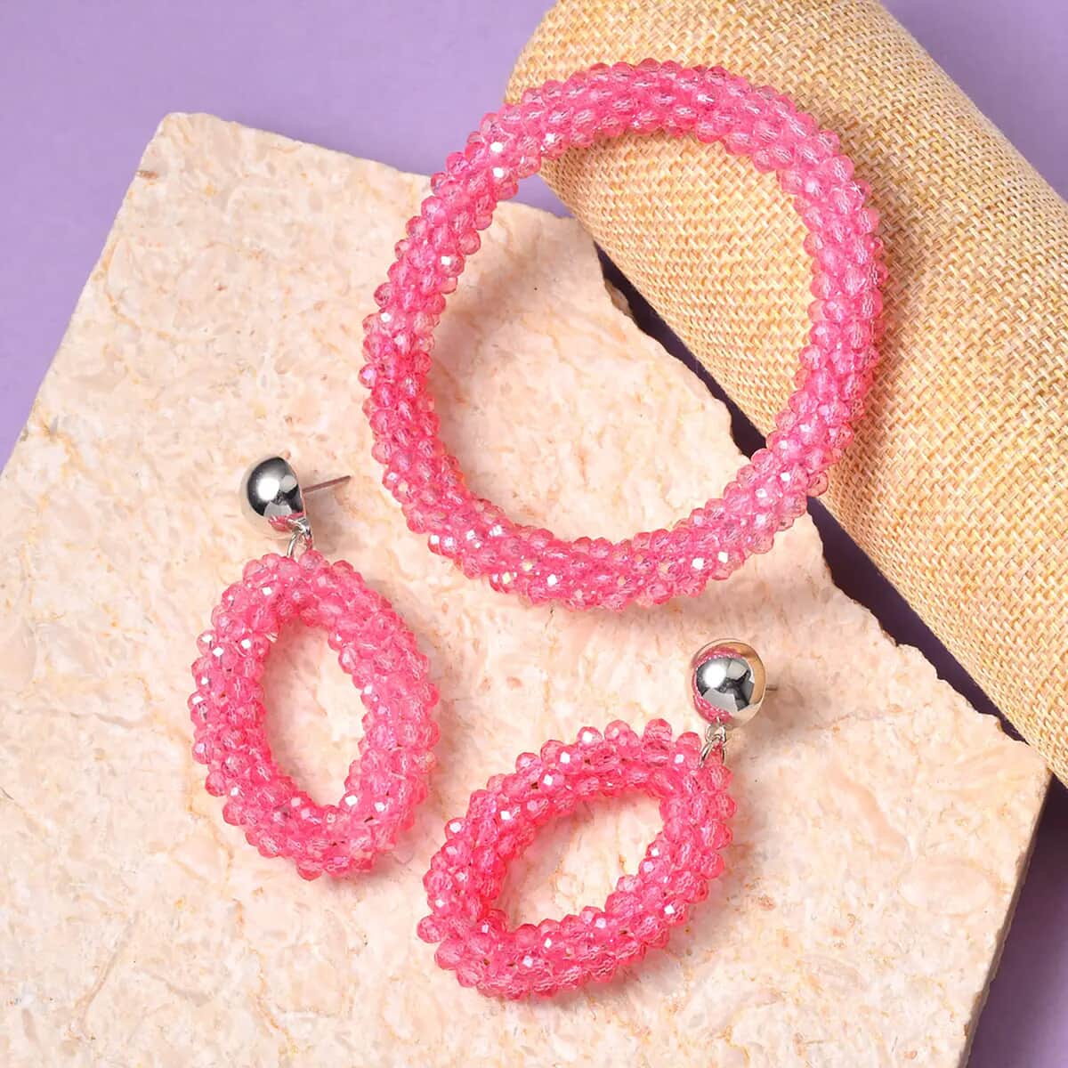 Peach Magic Color Glass Beaded Bracelet (7.0-7.50In) and Earrings in Silvertone image number 1