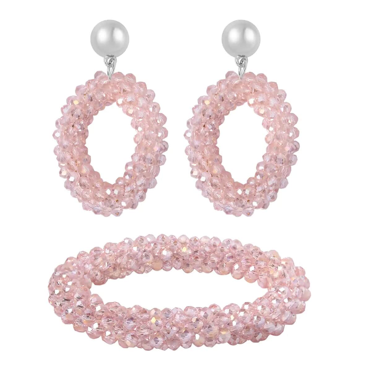 Pink Magic Color Glass Beaded Bracelet (7.0-7.50In) and Earrings in Silvertone image number 0