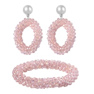Pink Magic Color Glass Beaded Bracelet (7.0-7.50In) and Earrings in Silvertone