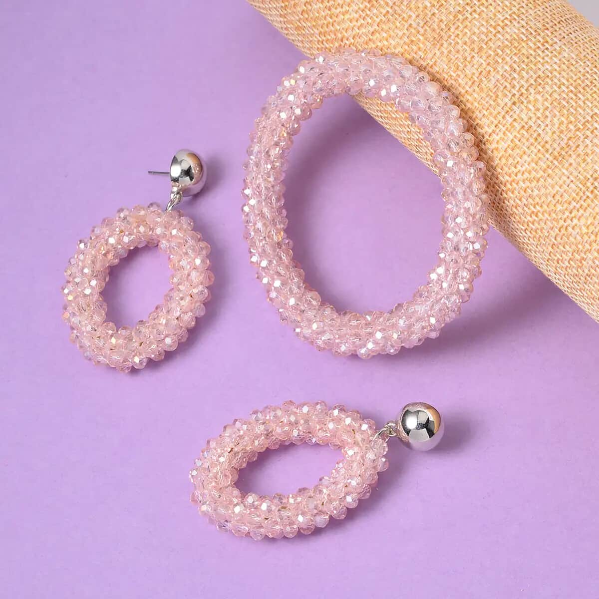 Pink Magic Color Glass Beaded Bracelet (7.0-7.50In) and Earrings in Silvertone image number 1