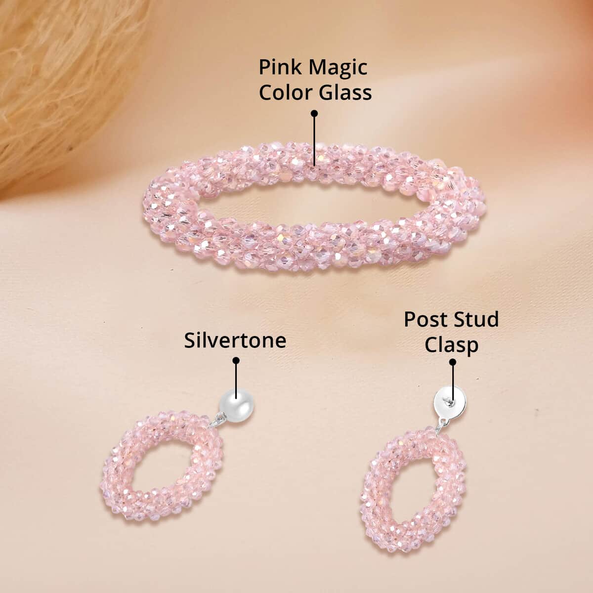 Pink Magic Color Glass Beaded Bracelet (7.0-7.50In) and Earrings in Silvertone image number 4