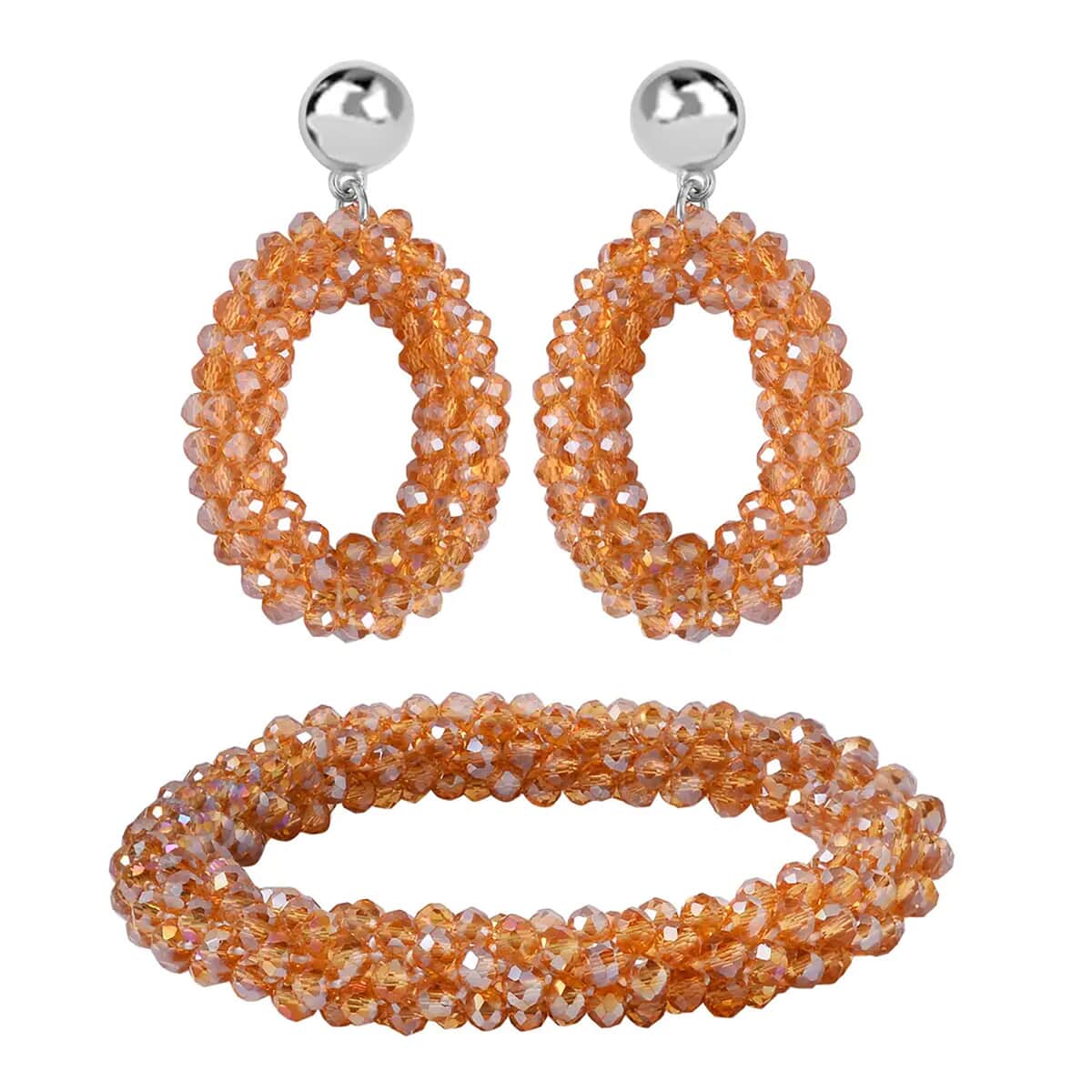 Champagne Magic Color Glass Beaded Bracelet (7.0-7.50In) and Earrings in Silvertone image number 0