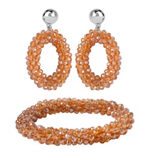 Champagne Magic Color Glass Beaded Bracelet (7.0-7.50In) and Earrings in Silvertone