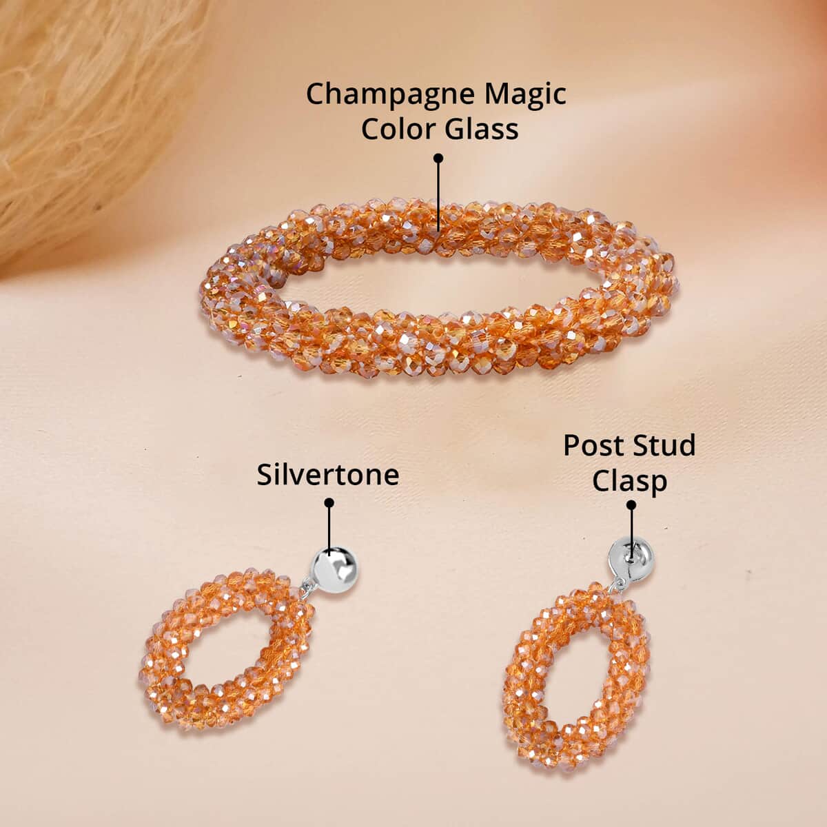 Champagne Magic Color Glass Beaded Bracelet (7.0-7.50In) and Earrings in Silvertone image number 4