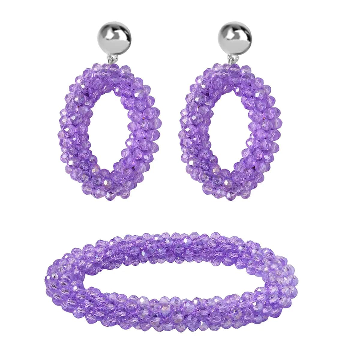 Purple Magic Color Glass Beaded Bracelet (7.0-7.50In) and Earrings in Silvertone image number 0