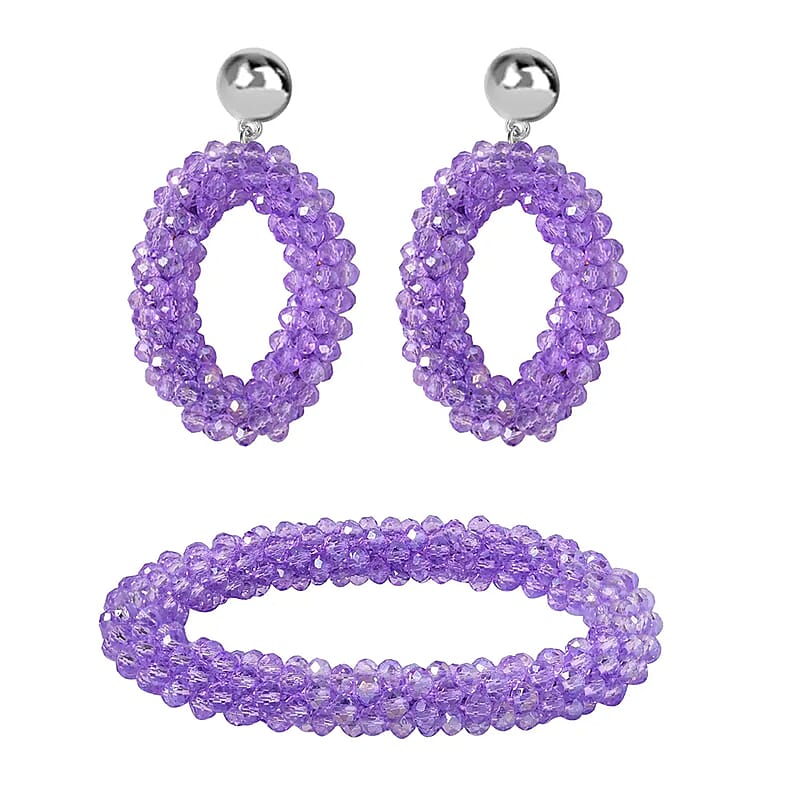 Purple Magic Color Glass Beaded Bracelet (7.0-7.50In) and Earrings in Silvertone
