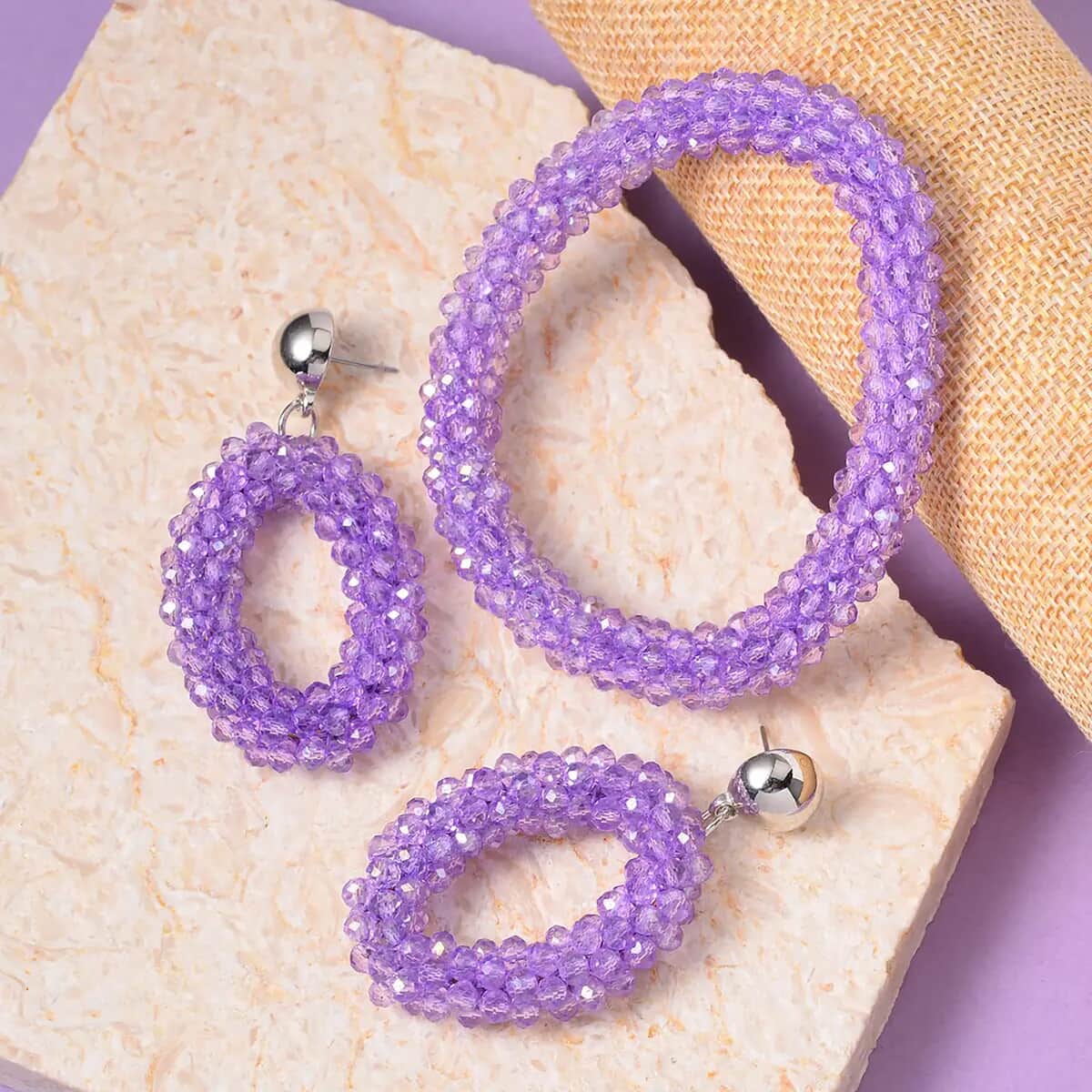 Purple Magic Color Glass Beaded Bracelet (7.0-7.50In) and Earrings in Silvertone image number 1