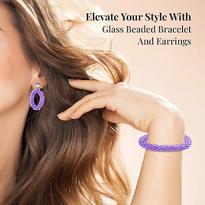 Purple Magic Color Glass Beaded Bracelet (7.0-7.50In) and Earrings in Silvertone