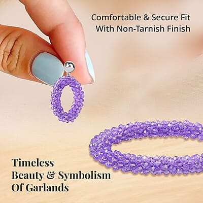 Purple Magic Color Glass Beaded Bracelet (7.0-7.50In) and Earrings in Silvertone