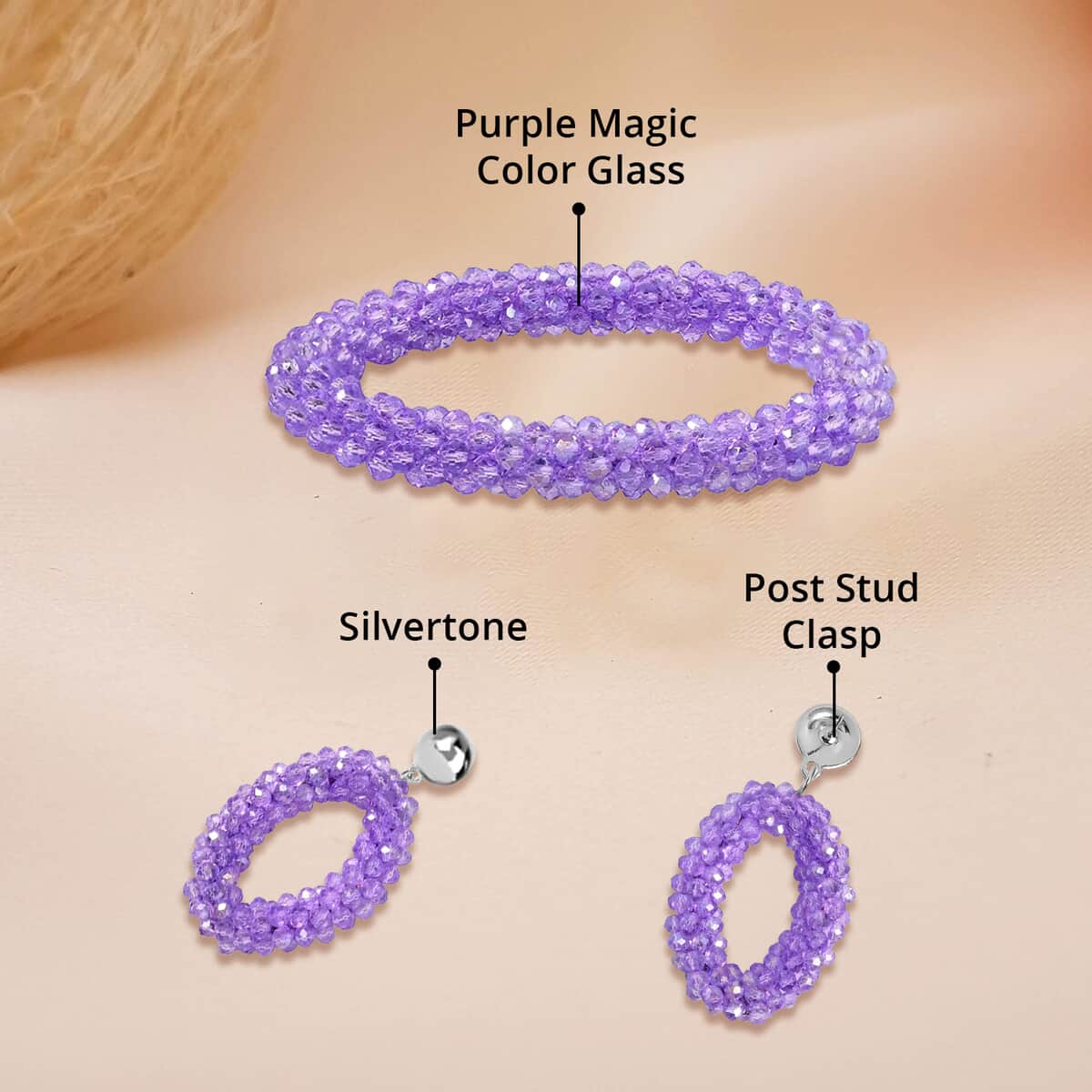Purple Magic Color Glass Beaded Bracelet (7.0-7.50In) and Earrings in Silvertone image number 4