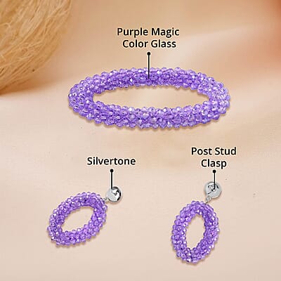 Purple Magic Color Glass Beaded Bracelet (7.0-7.50In) and Earrings in Silvertone