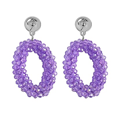 Purple Magic Color Glass Beaded Bracelet (7.0-7.50In) and Earrings in Silvertone