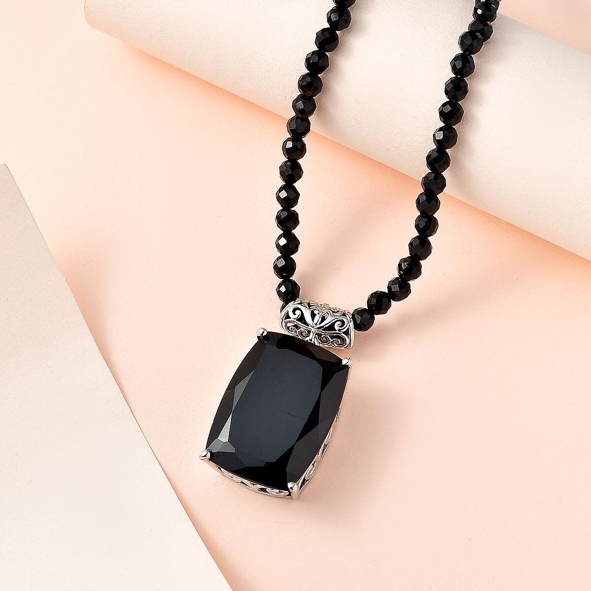 Thai Black Spinel Pendant with Beaded Necklace 18 Inches in Platinum Over Sterling Silver 114.30 ctw image number 1