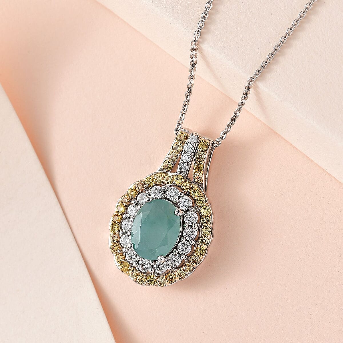 Grandidierite and Multi Gemstone Double Halo Pendant Necklace 20 Inches in 14K YG and Platinum Over Sterling Silver 3.00 ctw image number 1