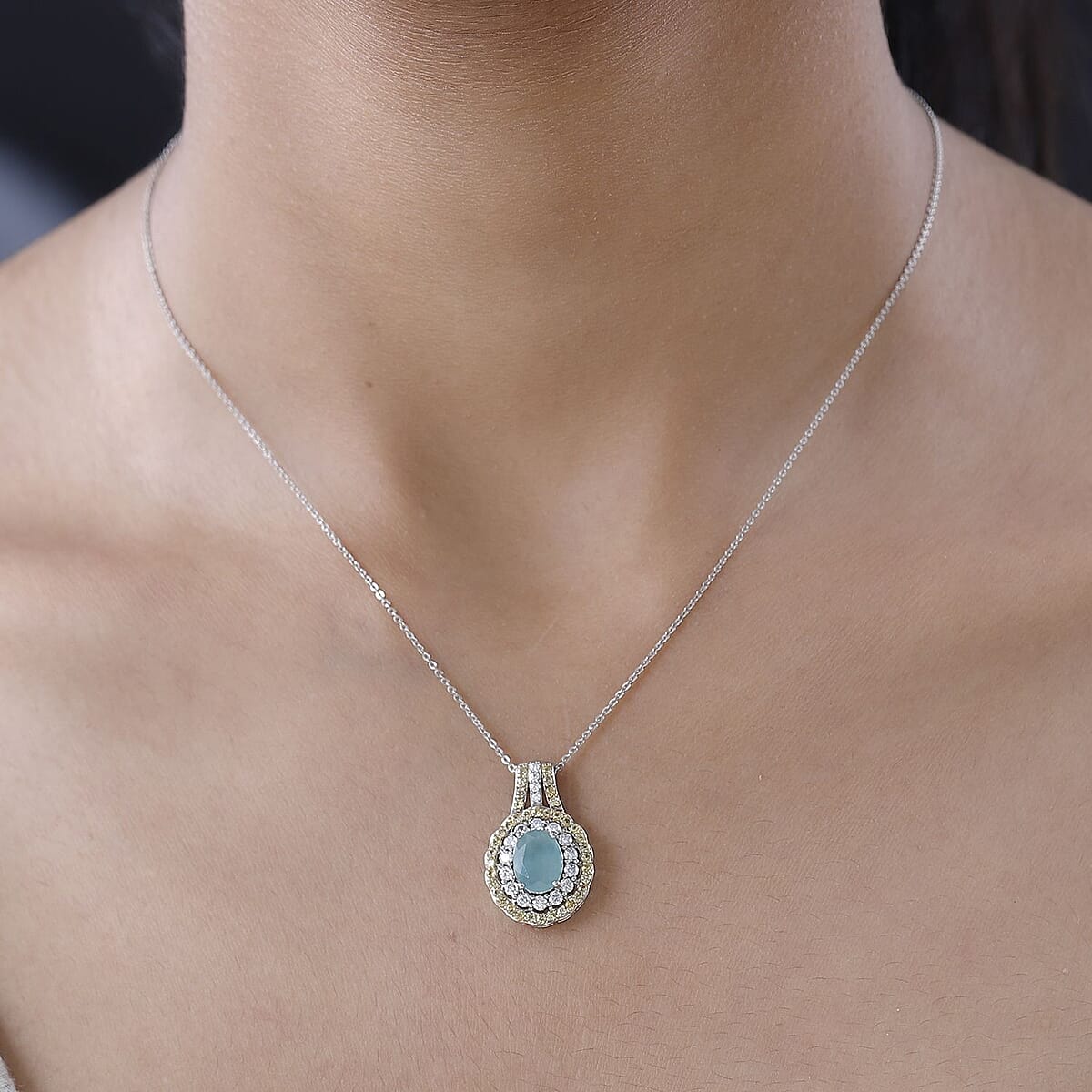 Grandidierite and Multi Gemstone Double Halo Pendant Necklace 20 Inches in 14K YG and Platinum Over Sterling Silver 3.00 ctw image number 2