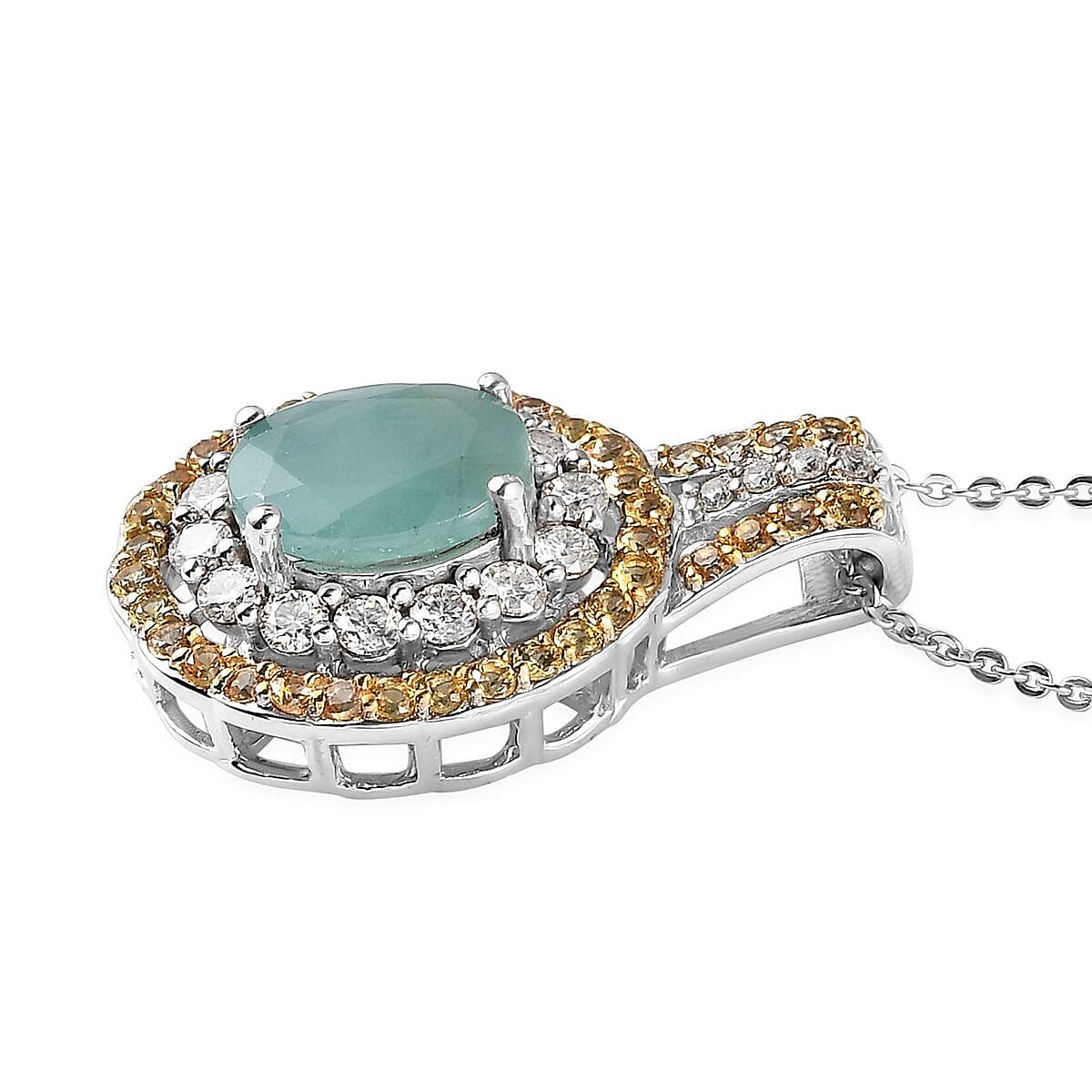 Grandidierite and Multi Gemstone Double Halo Pendant Necklace 20 Inches in 14K YG and Platinum Over Sterling Silver 3.00 ctw image number 3