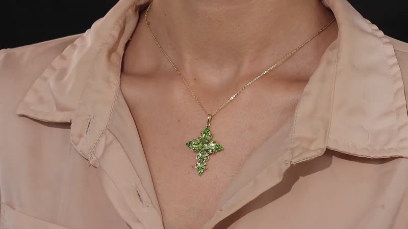 Premium Peridot and Chrome Diopside Cross Pendant Necklace 20 Inches in Vermeil Yellow Gold Over Sterling Silver 4.00 ctw