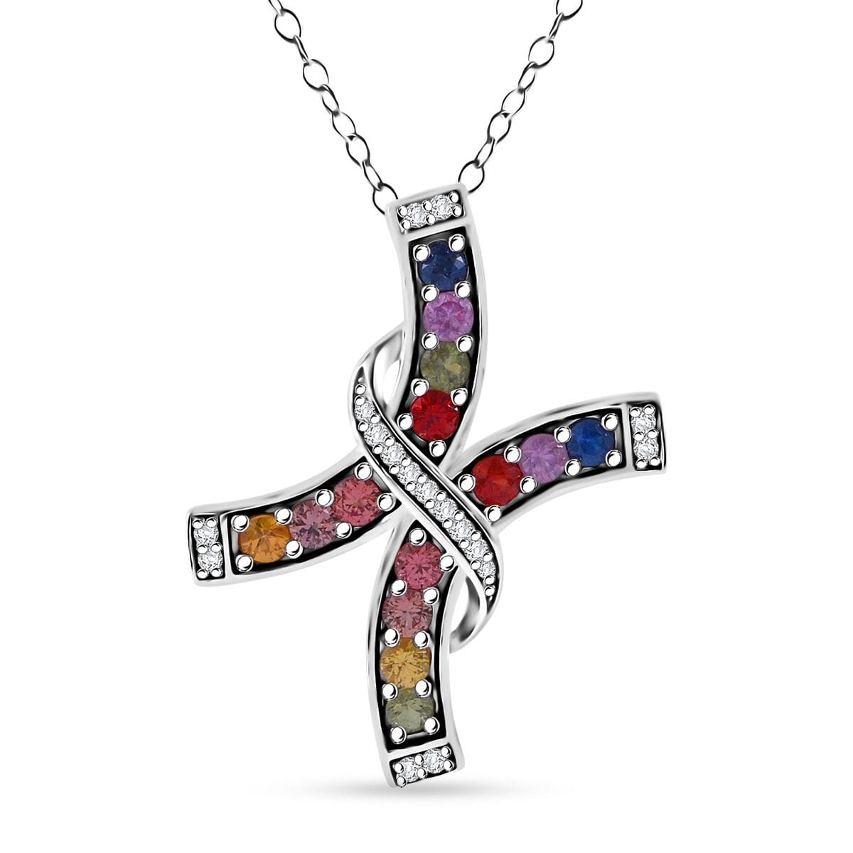 Rainbow Sapphire and White Zircon 1.60 ctw Cross Pendant Necklace in Rhodium Over Sterling Silver 20 Inches image number 0