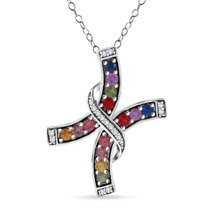 Rainbow Sapphire and White Zircon 1.60 ctw Cross Pendant Necklace in Rhodium Over Sterling Silver 20 Inches