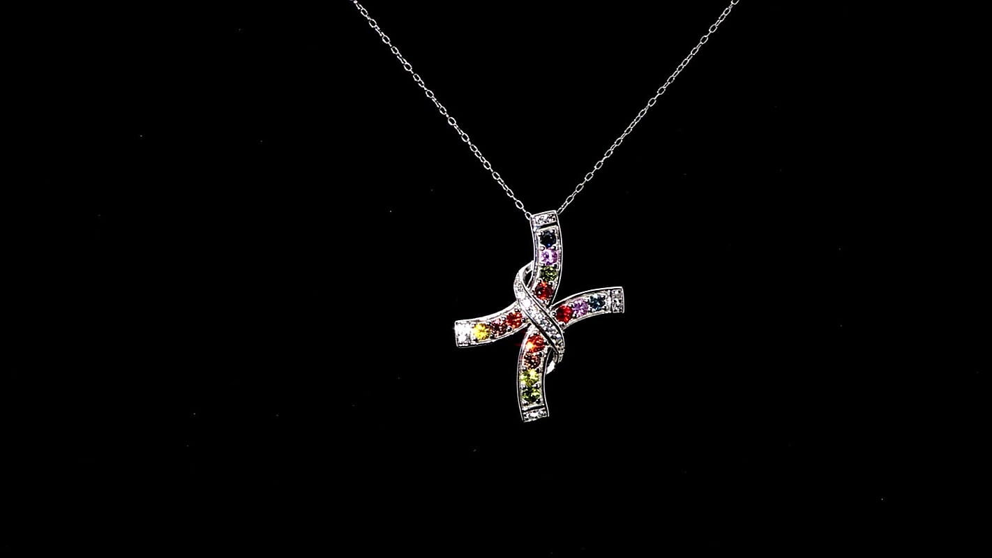 Rainbow Sapphire and White Zircon 1.60 ctw Cross Pendant Necklace in Rhodium Over Sterling Silver 20 Inches