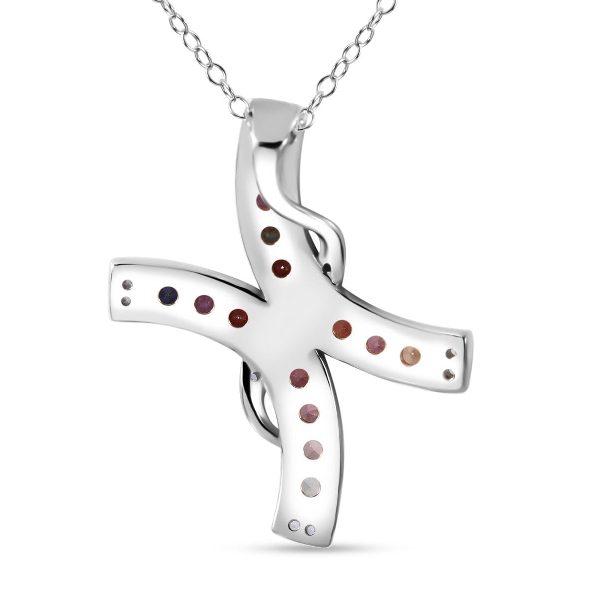 Rainbow Sapphire and White Zircon 1.60 ctw Cross Pendant Necklace in Rhodium Over Sterling Silver 20 Inches image number 2