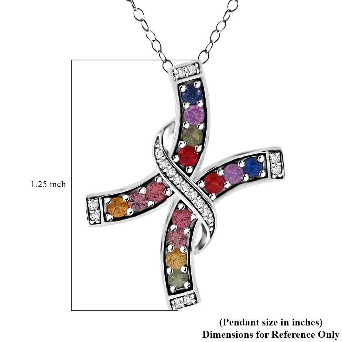 Rainbow Sapphire and White Zircon 1.60 ctw Cross Pendant Necklace in Rhodium Over Sterling Silver 20 Inches image number 5