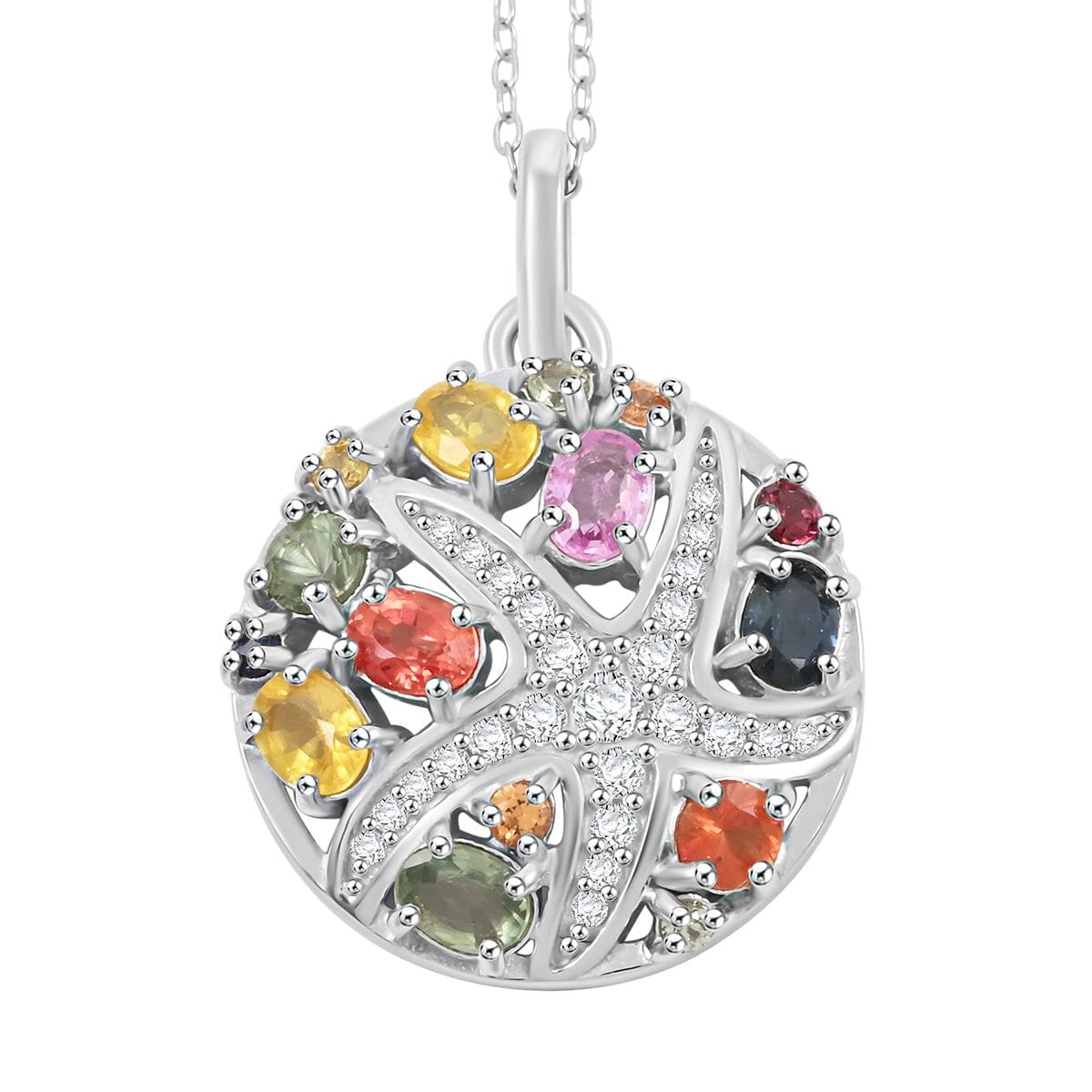 Rainbow Sapphire and White Zircon 2.40 ctw Starfish Pendant Necklace in Rhodium Over Sterling Silver 20 Inches image number 0