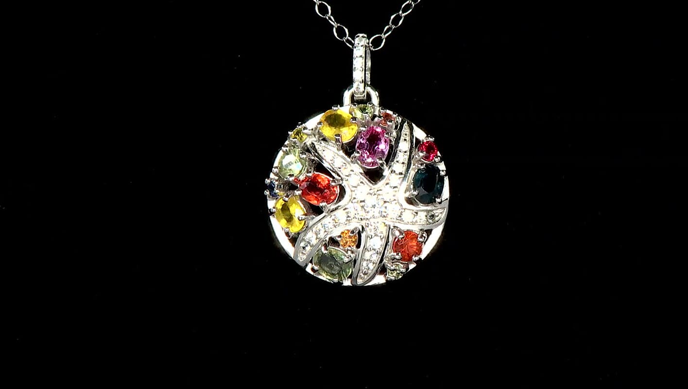 Rainbow Sapphire and White Zircon 2.40 ctw Starfish Pendant Necklace in Rhodium Over Sterling Silver 20 Inches