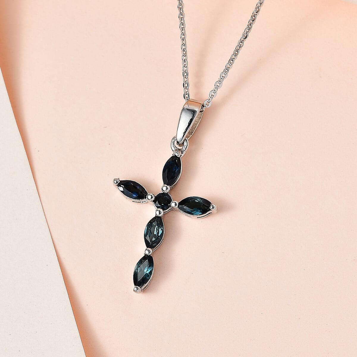 Premium Monte Belo Indicolite Cross Pendant Necklace 20 Inches in Platinum Over Sterling Silver 0.75 ctw image number 1