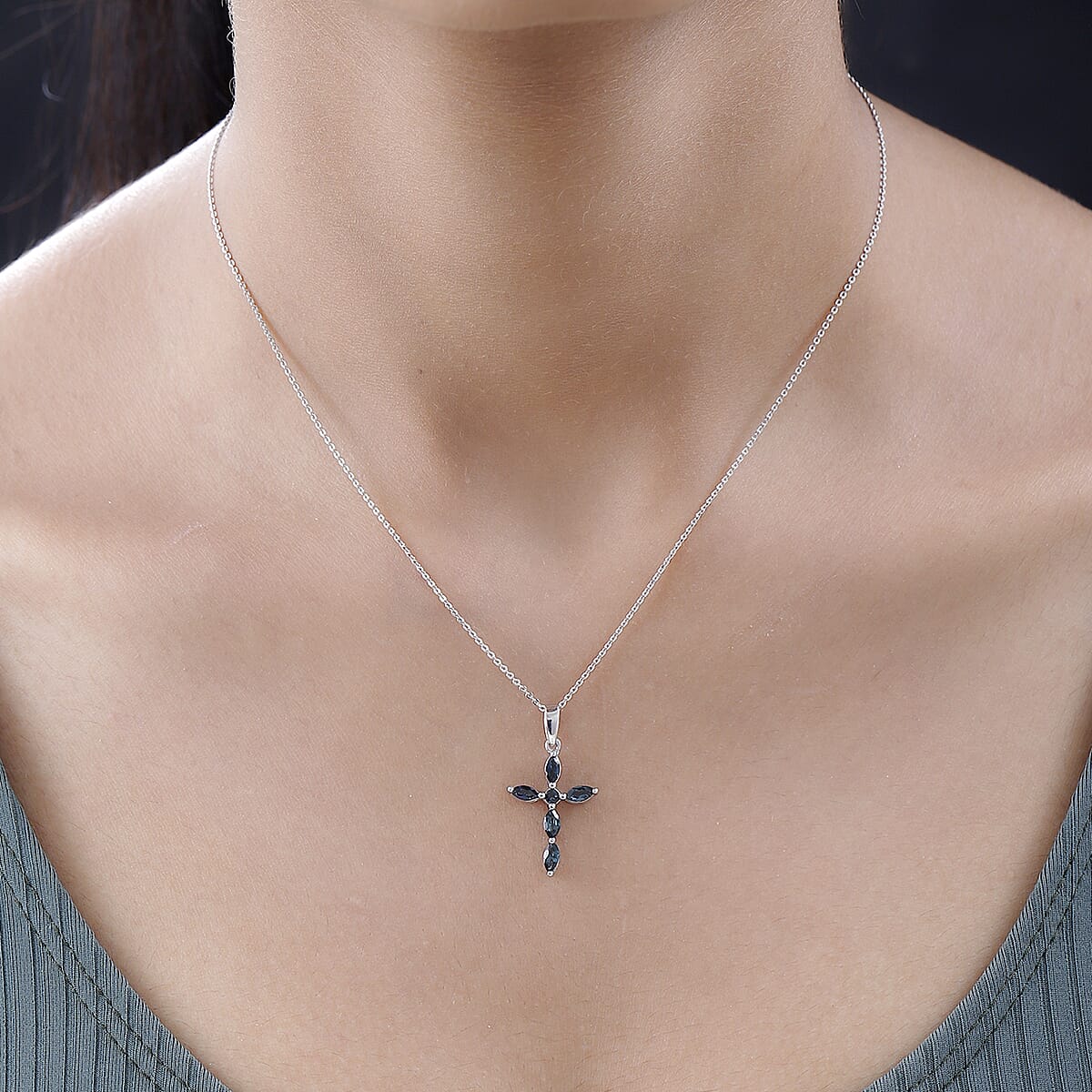 Premium Monte Belo Indicolite Cross Pendant Necklace 20 Inches in Platinum Over Sterling Silver 0.75 ctw image number 2