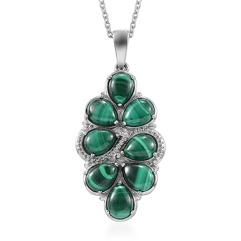 African Malachite 15.00 ctw Pendant Necklace in Stainless Steel 20 Inches