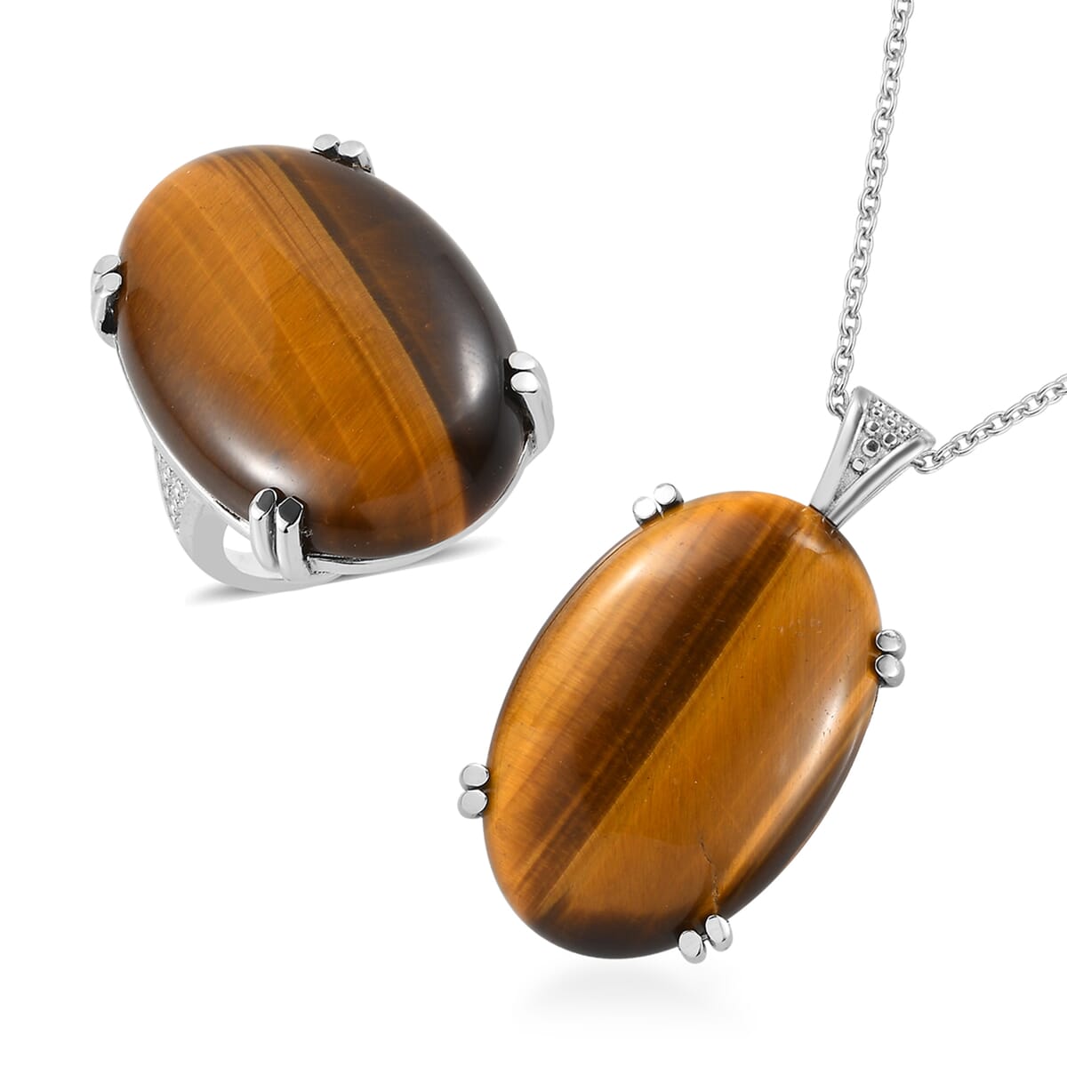 Tiger's Eye Solitaire Ring (Size 5.0) and Pendant Necklace (20 Inches) in Stainless Steel 65.75 ctw image number 0