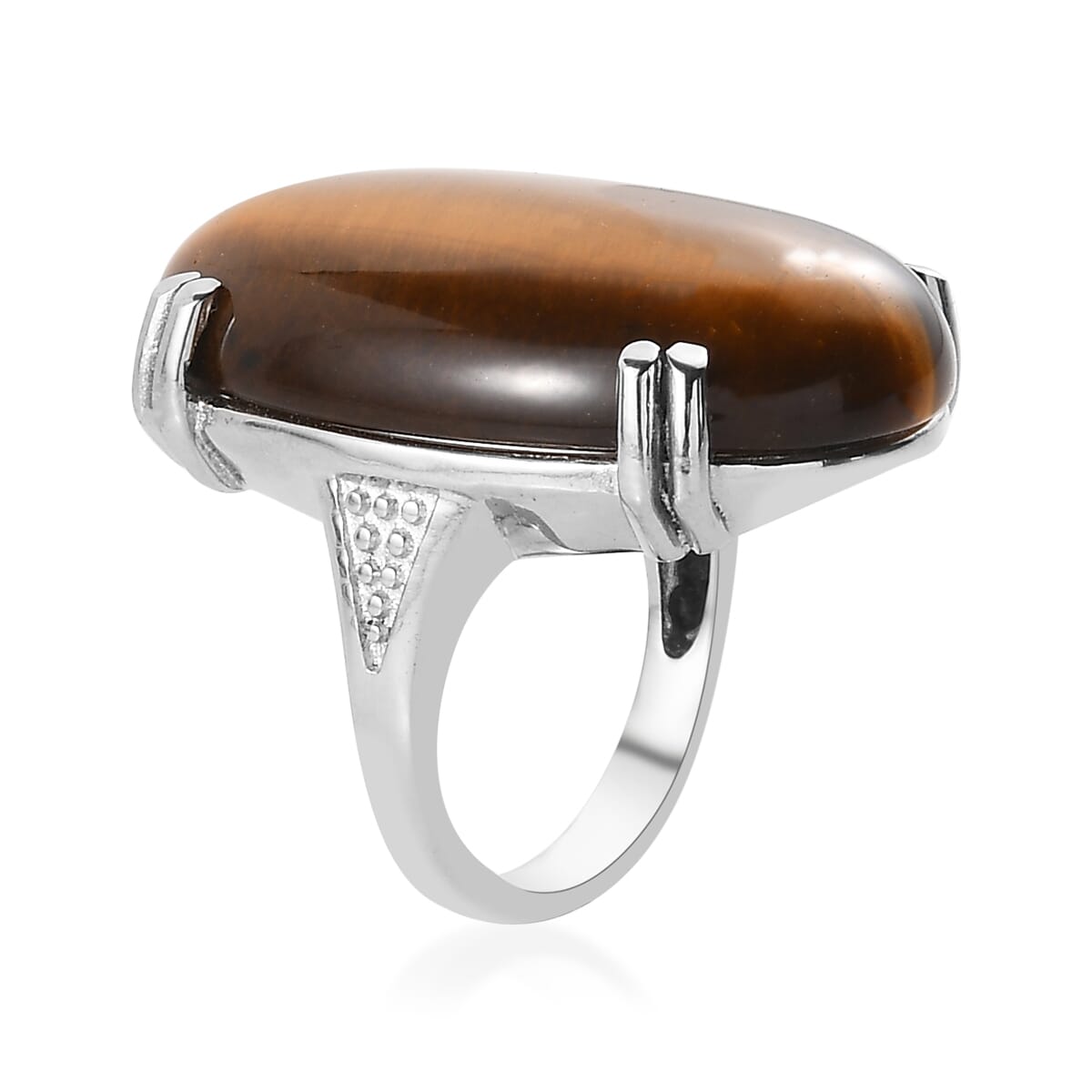 Tiger's Eye Solitaire Ring (Size 5.0) and Pendant Necklace (20 Inches) in Stainless Steel 65.75 ctw image number 4