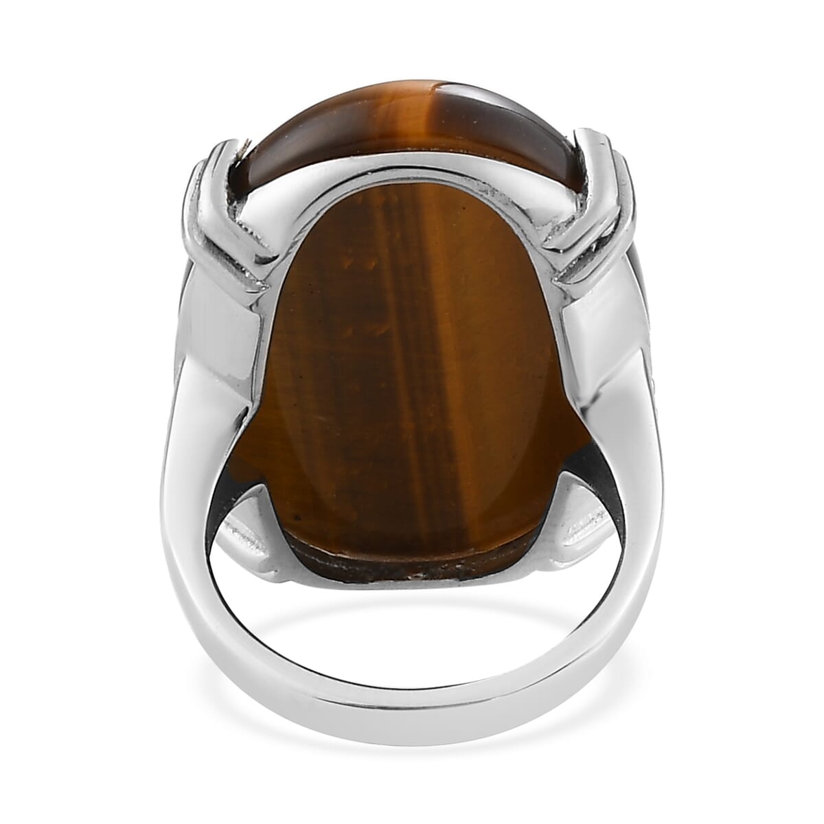 Tiger's Eye Solitaire Ring (Size 5.0) and Pendant Necklace (20 Inches) in Stainless Steel 65.75 ctw image number 5