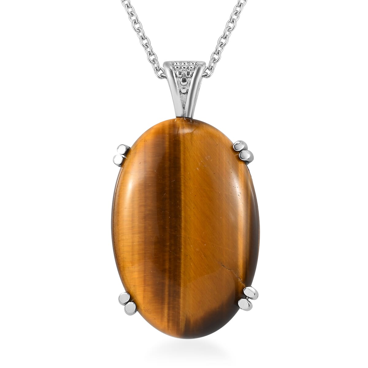 Tiger's Eye Solitaire Ring (Size 5.0) and Pendant Necklace (20 Inches) in Stainless Steel 65.75 ctw image number 6