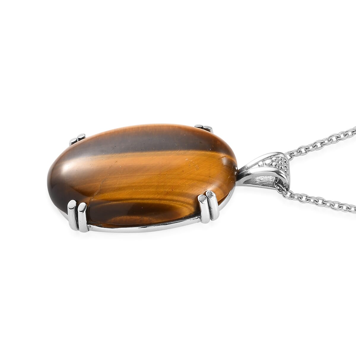 Tiger's Eye Solitaire Ring (Size 5.0) and Pendant Necklace (20 Inches) in Stainless Steel 65.75 ctw image number 7