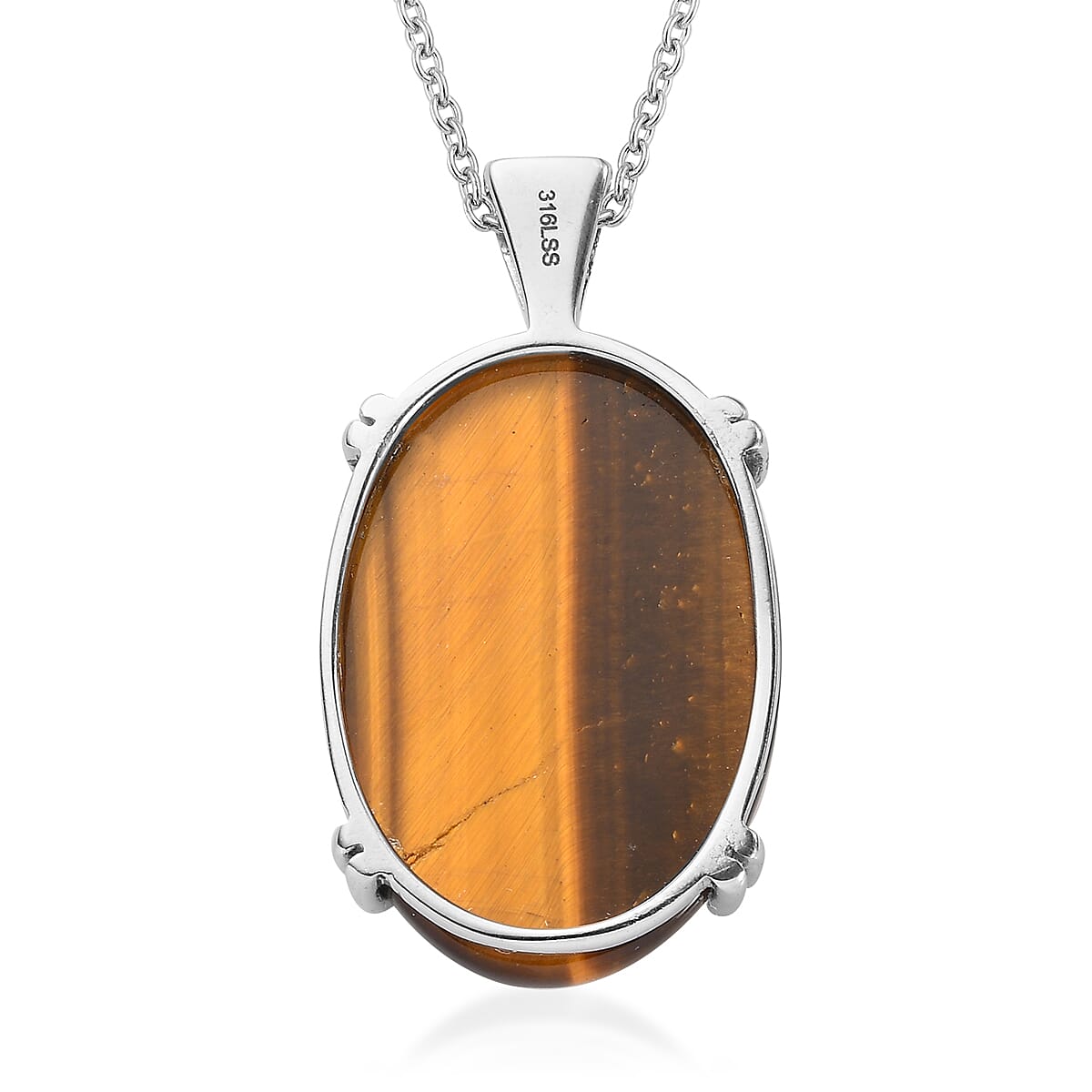 Tiger's Eye Solitaire Ring (Size 5.0) and Pendant Necklace 20 Inches in Stainless Steel 65.75 ctw