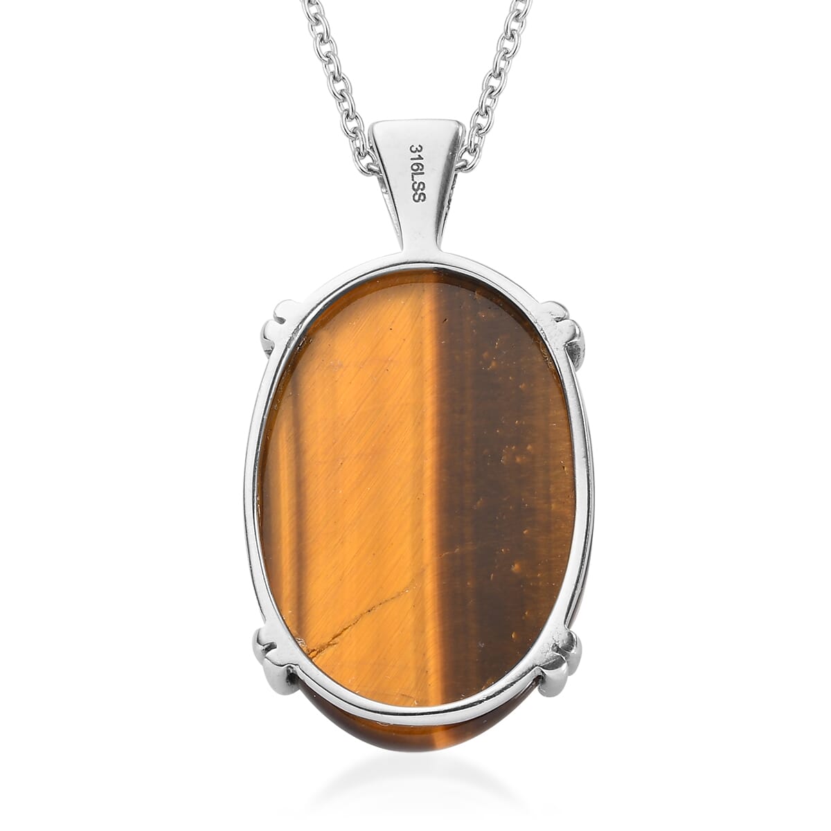 Tiger's Eye Solitaire Ring (Size 5.0) and Pendant Necklace (20 Inches) in Stainless Steel 65.75 ctw image number 8