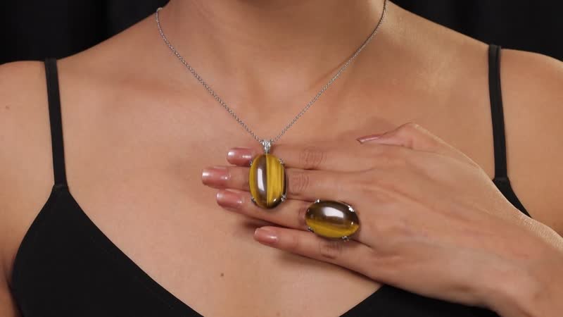 Tiger's Eye Solitaire Ring (Size 5.0) and Pendant Necklace (20 Inches) in Stainless Steel 65.75 ctw