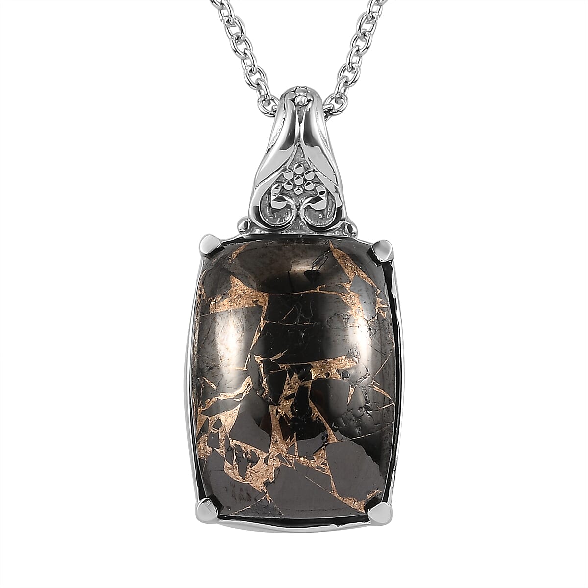 Matrix Silver Shungite Solitaire Ring (Size 7.0) and Pendant Necklace 20 Inches in Stainless Steel 20.60 ctw image number 6