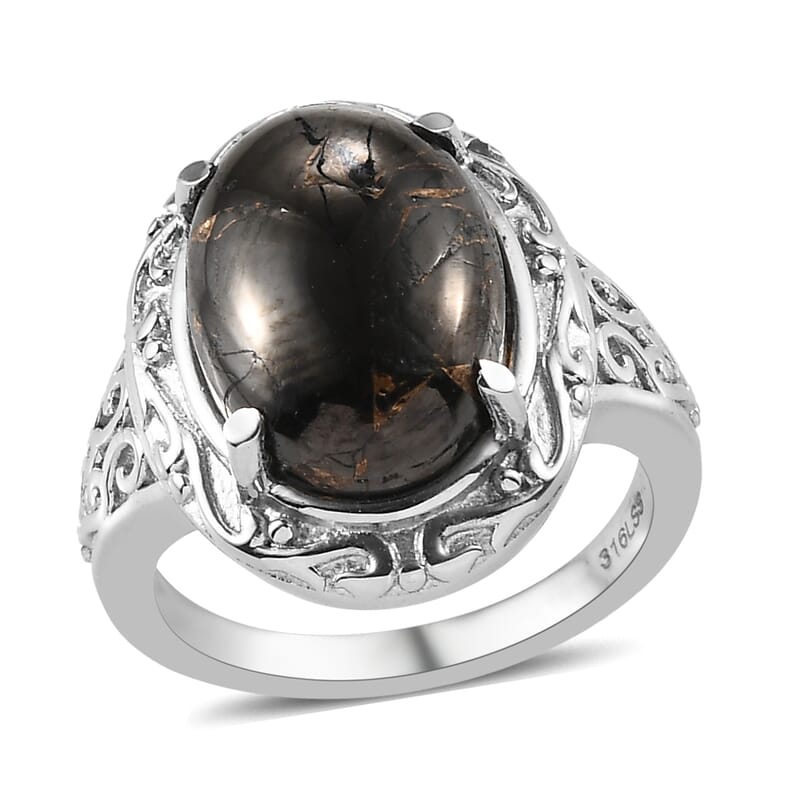Matrix Silver Shungite Solitaire Ring Size 5.0 and Pendant Necklace 20 Inches in Stainless Steel 8.50 ctw