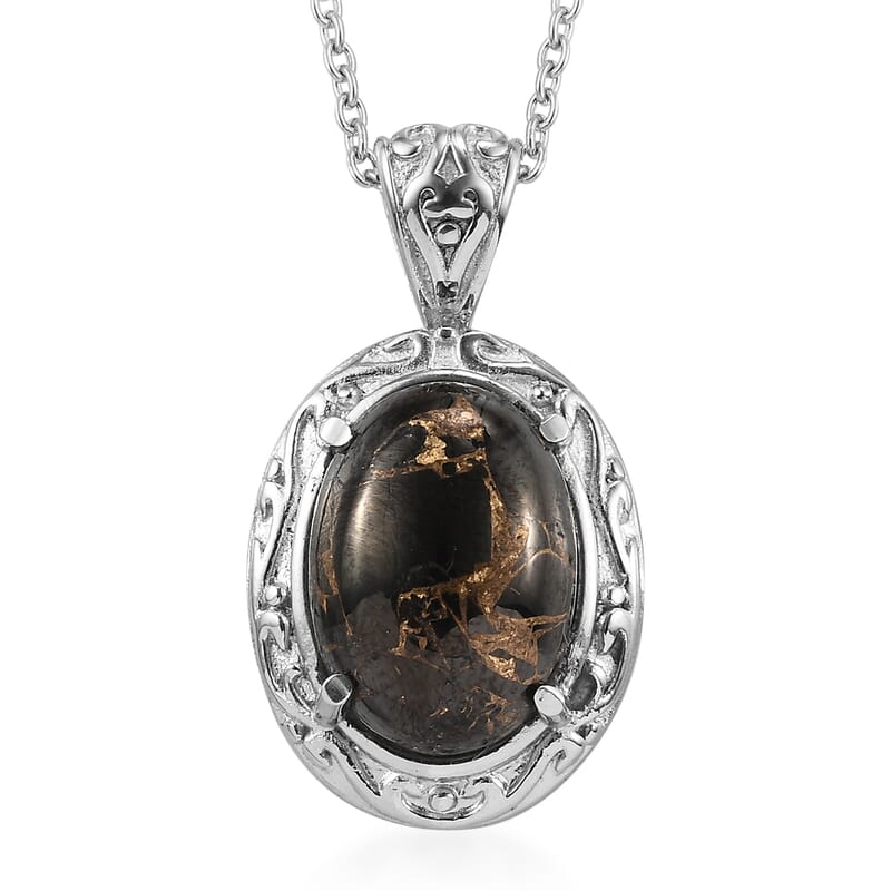 Matrix Silver Shungite Solitaire Ring Size 5.0 and Pendant Necklace 20 Inches in Stainless Steel 8.50 ctw