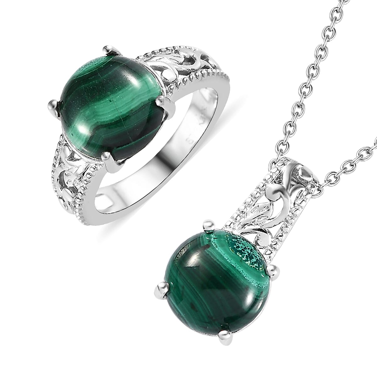 Karis African Malachite Solitaire Ring (Size 5.0) and Pendant in Platinum Bond with Stainless Steel Necklace 20 Inches 9.20 ctw